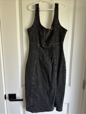 Abela Story + Co Black Denim Bodycon Dress Small Zip Front Vintage Wash